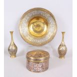 A COLLECTION OF FOUR 19TH CENTURY DAMASCUS SILVER BRASS PIECES, circular box and cover 13cm, bowl