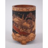 A JAPANESE MEIJI / TAISHO PERIOD BAMBOO BRUSH POT, with carved decoration depicting figures