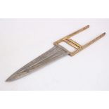 AN 18TH CENTURY INDIAN GOLD INLAID KATAR DAGGER with watered steel blade, 40cm long.