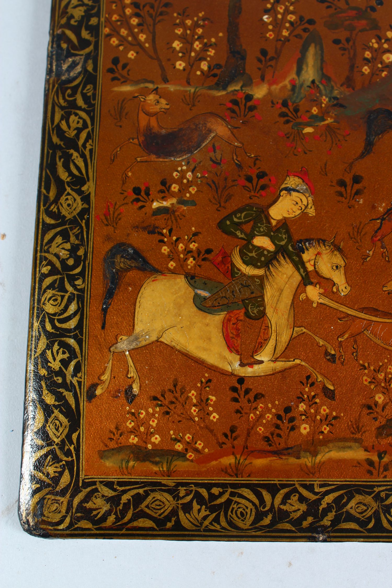 A PAIR OF 19TH CENTURY QAJAR HAND PAINTED BOOK COVERS, deer hunting, 26cm x 19cm. - Image 4 of 6