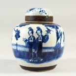 AN EARLY 20TH CENTURY CHINESE CRACKLE GLAZE BLUE & WHITE GINGER JAR & COVER, decorated with scenes