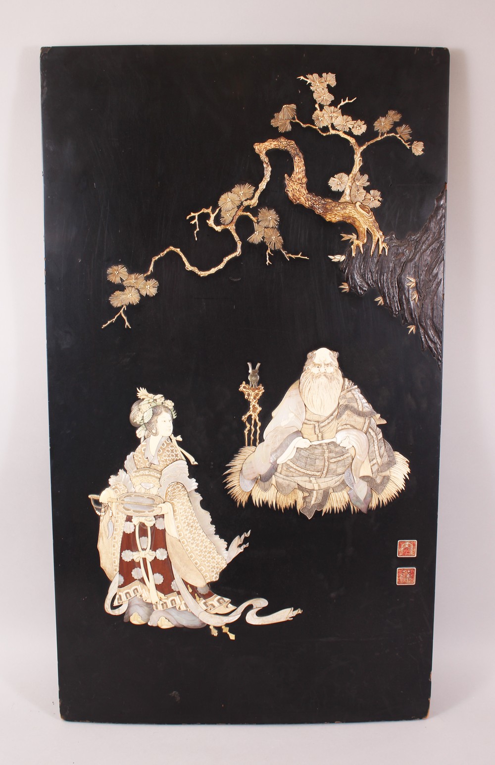 A GOOD JAPANESE MEIJI PERIOD SHIBAYAMA IVORY INLAID PANEL, the panels with carved & stained ivory