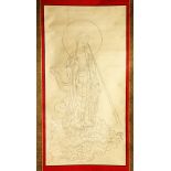 A GOOD 19TH / 20TH CENTURY ORIENTAL HANGING SCROLL PICTURE OF A DEITY IN CALLIGRAPHY, the outlines