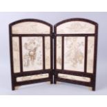 A GOOD JAPANESE MEIJI PERIOD CARVED IVORY & HARDWOOD SIGNED TABLE SCREEN, the panels of the screen