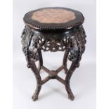 A LARGER 19TH CENTURY CHINESE MARBLE TOP HARDWOOD TABLE / PLANTER, the top inset with marble, the