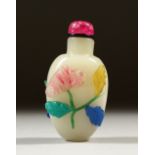 A 19TH CENTURY CHINESE FIVE COLOUR OVERLAY WHITE GLASS SNUFF BOTTLE, depicting a spray of flora,