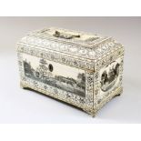 @A GOOD 18TH CENTURY VIZAGAPATAM TEA CADDY WITH PENWORK DECORATION, 18cm high, 27cm wide.