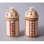 TWO INDIAN OR SRI LANKAN POLYCHROMED IVORY CYLINDRICAL CONTAINERS.