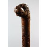 A SOUTH INDIAN MAYSORE CARVED SANDLEWOOD WALKING STICK, 87cm long.