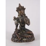 A GOOD EARLY CHINESE BRONZE STATUE OF BUDDHA / DEITY, sat upon a lotus formed base with one leg