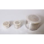 TWO SMALL CIRCULAR ISLAMIC SILVER PILL BOXES AND A LARGER CIRCULAR BOX AND COVER, pill boxes 4cm