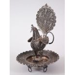 A FINE 19TH CENTURY INDIAN FILIGREE PEACOCK SHAPED INCENSE BURNER.