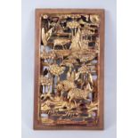 A 19TH CENTURY CHINESE GILT WOOD PANEL, with carved scenes of rams amongst trees and rocks, 39cm