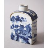 A GOOD 19TH CENTURY CHINESE BLUE AND WHITE TEA CADDY, decorated with landscape scenes, 11.5cm high x