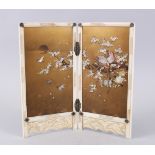 A JAPANESE MEIJI PERIOD IVORY & SHIBAYAMA MINATURE TABLE SCREEN, the two fold screen with two gold