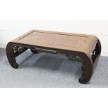 A GOOD 19TH CENTURY CHINESE HARDWOOD OPIUM / LOW TABLE, with scrolling sides met by open end
