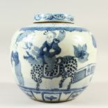 A 19TH CENTURY CHINESE BLUE & WHITE PORCELAIN GINGER JAR & COVER, the body decorated with scenes