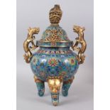A GOOD CHINESE CLOISONNE TRIPOD CENSER AND COVER, the censer with twin gilt lion dog handles, the