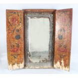 A 19TH CENTURY PERSIAN QAJAR PAINTED FOLDING TRYPTCH MIRROR, 80cm high, 82cm x 49cm.