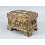 A VERY FINE 19TH CENTURY PERSIAN QAJAR BRASS CASKET AND COVER, engraved with figures, carrying