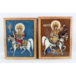 A VERY FINE PAIR OF PERSIAN QAJAR 19TH-20TH CENTURY REVIVAL GLASS PAINTING of Islamic religious