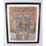 AN EARLY INDIAN THANKA, framed and glazed, 68cm x 53cm.