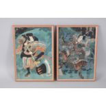 A JAPANESE MEIJI PERIOD OBAN DIPTYCH WOODBLOCK PRINT BY KUNIYOSHI, presented in two frames,both