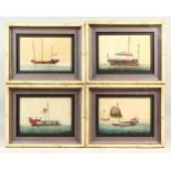 SET OF FOUR 19TH CENTURY CHINESE RICE PAPER PAINTINGS OF JUNKS, each individually framed in bamboo