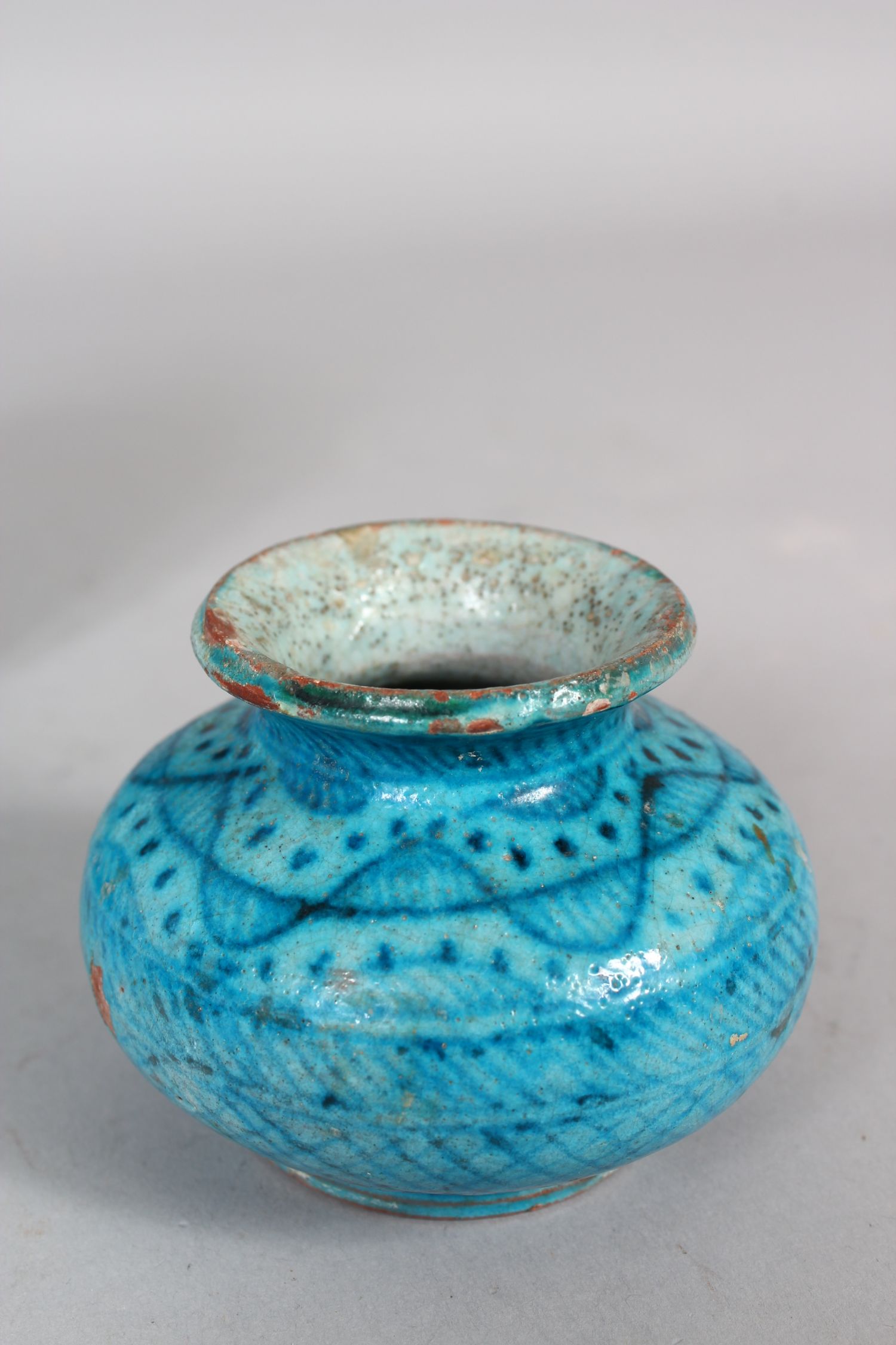 TWO 16TH CENTURY PERSIAN KUBACHI POTTERY SAUCERS and ink pot, saucer 13cm diameter, pot 6cm high. - Image 2 of 4