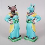 A GOOD PAIR OF CHINESE TANG STYLE SANCAI PORCELAIN FIGURES, one posing as an oxen, the other as a