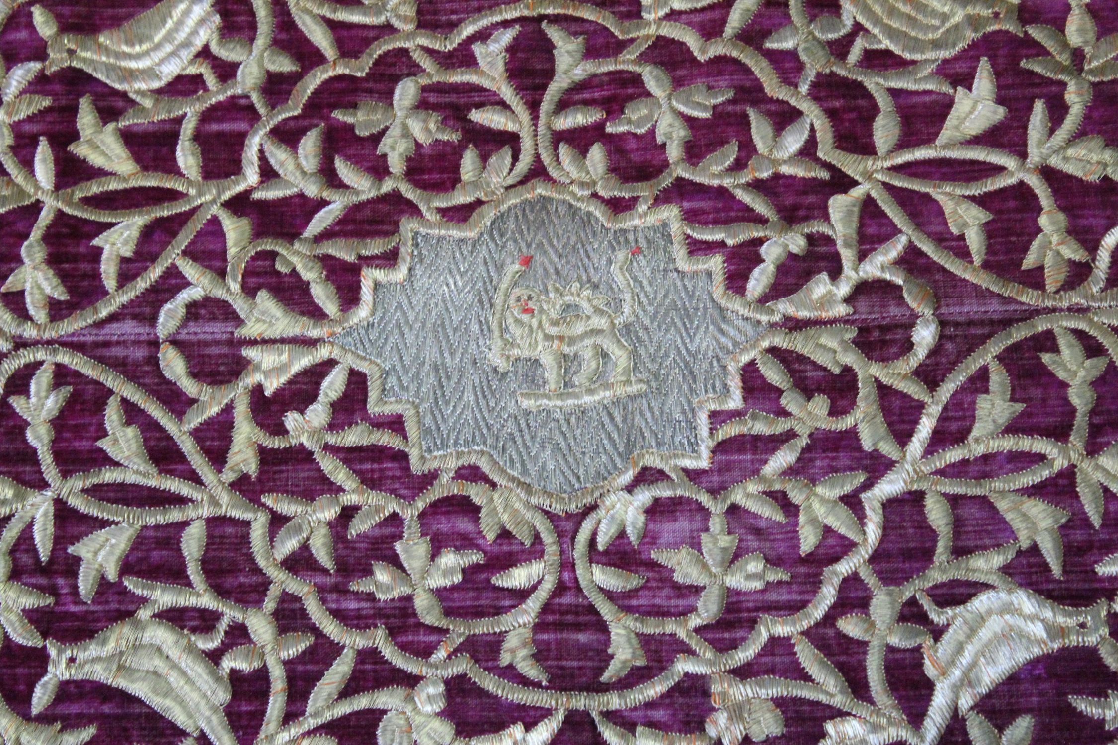 A 19TH CENTURY QAJAR METAL THREAD TEXTILE bearing Qajar Emblem, 120cm x 83cm. - Image 2 of 8