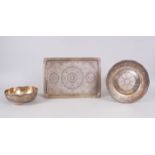 THREE PERSIAN CHASED SILVER ITEMS; TRAY, BOWL AND STAND, 1248 grams.