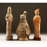 TWO CHINESE TANG DYNASTY POTTERY FIGURES PLUS A CHINESE WESTERN HAN HILL CENSER, the figures