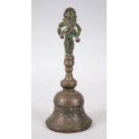 A GOOD INDIAN BRONZE BELL WITH GANESHA, the body of the bell carved and chased with scenes of