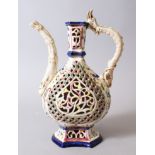 A HUNGARIAN FISCHER PIERCED POTTERY JUG, 32cm high.