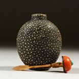 A 19TH CENTURY CHINESE SHAGREEN SNUFF BOTTLE, with coral stopper with turquoise detail, 5.4cm high x