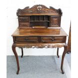 A GOOD 19TH CENTURY CHINESE HARDWOOD BONHEUR DU JOUR, the upper section with carved back rail,