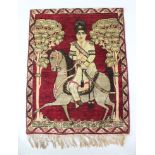 A 19TH CENTURY PERSIAN QATAR LAVAR KIRMAN PORTRAIT RUG, Arnad Sha on horseback, 80cm x 62cm.