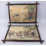 A PAIR OF JAPANESE MEIJI PERIOD PAINTINGS ON FABRIC IN BAMBOO FRAMES, the pictures finely painted to