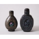 TWO GOOD 19TH / EARLY 20TH CENTURY CHINESE LACQUER & ABALONE SHELL SNUFF BOTTLES, the smaller with