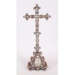 A SMALL 17TH CENTURY PALISTINIAN JERUSALUM MOTHER OF PEARL INLAID OLIVE WOOD CROSS, 38cm high.