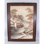 A GOOD JAPANESE MEIJI / TAISHO PERIOD EMBROIDERED SILK LANDSCAPE PICTURE, the scene depicting a