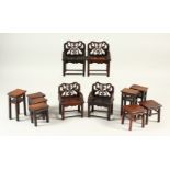 A JOB LOT OF TWELVE CHINESE HARDWOOD PADOUK STANDS / CHAIRS, the box consisting of twelve various