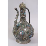 AN UNUSUAL 18TH CENTURY OTTOMAN TURKISH ENAMELLED TINNED COPPER JUG, 32cm high.