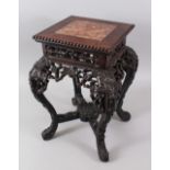 A SMALL 19TH CENTURY CHINESE SQUARE FORM MARBLE TOP HARDWOOD TABLE / PLANTER, the top inset with