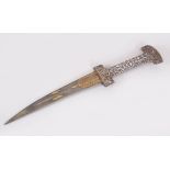 A FINE 18TH CENTURY OTTOMAN TURKISH DAGGER with silver handle and gold inlaid watered steel blade.