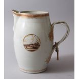 A 18TH CENTURY CHINESE EXPORT FAMILLE ROSE MILK JUG, decorated with panels of lakeside scenes, the
