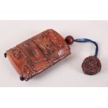 A GOOD JAPANESE MEIJI PERIOD CARVED WOODE THREE CASE INRO & NETSUKE, the inro carved to depict a