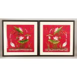 A PAIR OF CHINESE RED GROUND EMBROIDERED SILK PICTURES FRAMED, depicting scenes of cranes stood