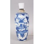 A GOOD 19TH CENTURY CHINESE BLUE & WHITE JAR CONVERTED TO A LAMP, the decoration of the jar